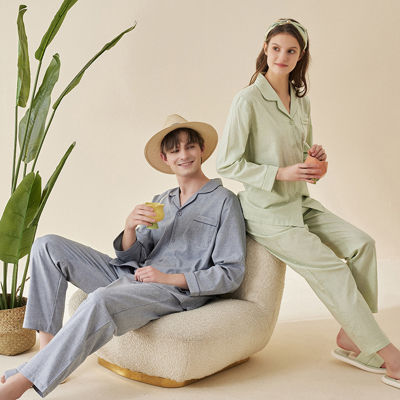 Special Price -75 Solid Color Cotton Couple Pajamas Women's Spring and Autumn Cotton Simple Women's Pajamas Home Clothes suit