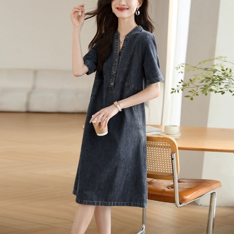 デニムドレス女性の夏 2025 韓国スタイルの新しいファッション気質年齢を減らす西洋スタイルの薄いミドル丈スカート女性のための|undefined