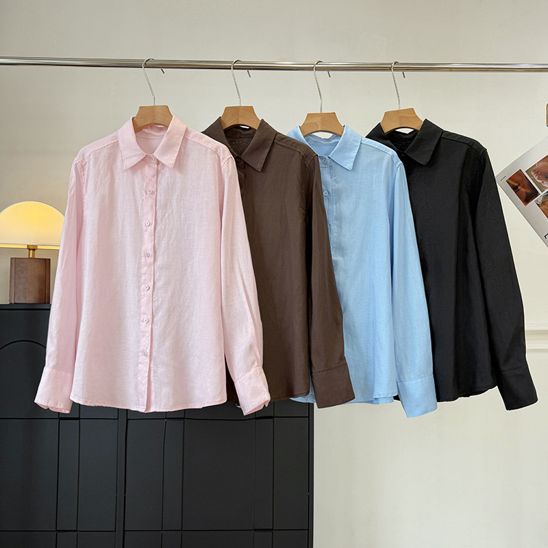 Xiaohe Classic Model! 2026 Spring Casual Fashion Versatile Linen Plain Fabric Turn-Down Collar Loose Long-Sleeve Shirt for Women