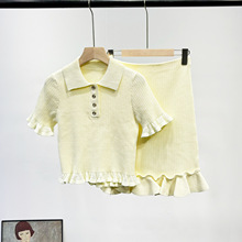 法式女装秋季新款时尚套装polo领短袖针织衫女上衣+半身裙两件套