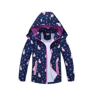 Girls and Middle-Aged Children's Outdoor Waterproof Breathable Hooded Zipper Shirt, Fashionable Sports Printed Unicorn Windbreaker Jacket