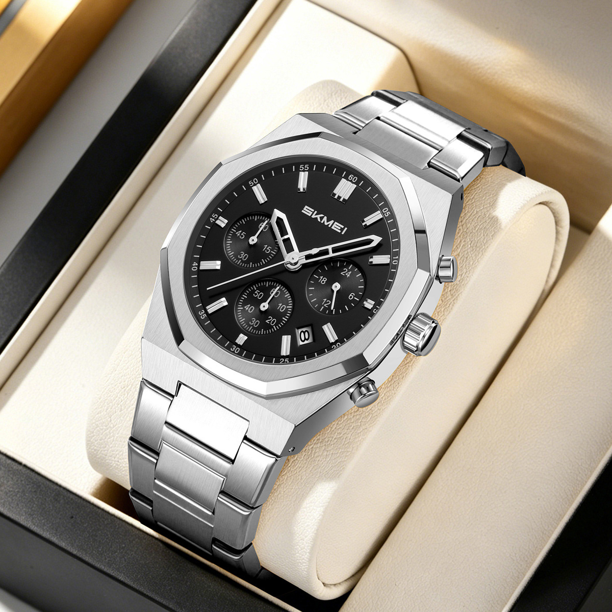 Momento de acero de octogón cronógrafo de cuarzo hombre impermeable relojes de negocios regalos personalizados mayoristas transfronterizos