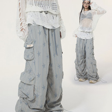 多口袋星星工装裤女2024夏新款小个子宽松阔腿直筒条纹休闲裤长裤