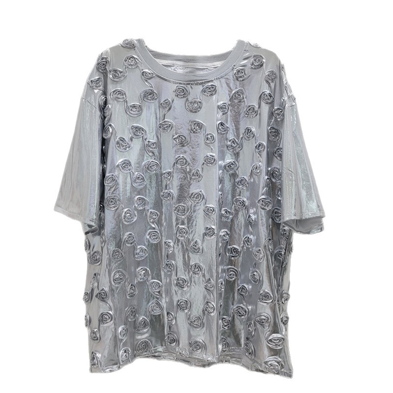 Ingeniería pesada europea y americana estampado estereo flor de cuello redondo camiseta de nicho diseño explosivo callejera camisa de manga corta