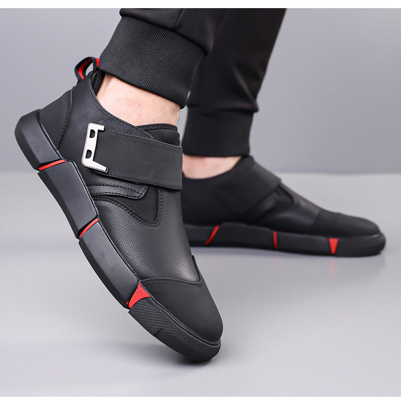 Giày lười nam da PU mũi tròn khóa Velcro chống trượt, đế cao 3 cm — Kaki, Màu đen chi tiết 22