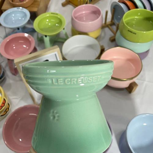 French Cool Color Ceramic Pet Bowl for Cats and Dogs, Slow Feeding Water Bowl, Non-black Chin, Pet High-foot Ceramic Tableware