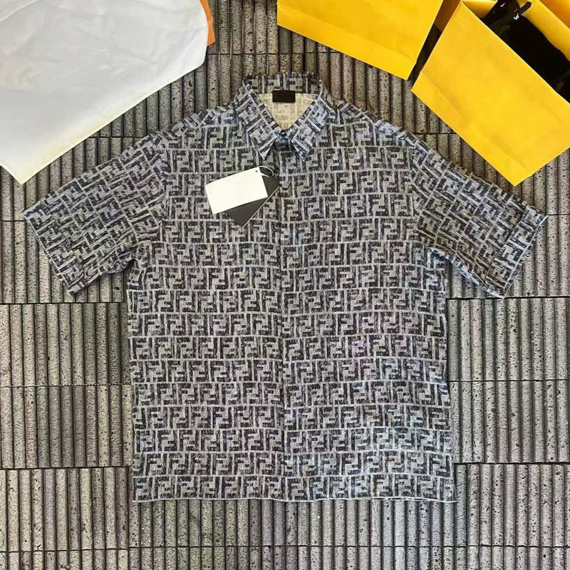 Cross-border correct version 2026 European collection lapel monogram all-over print short shirt summer fashion loose high-end men's shirt