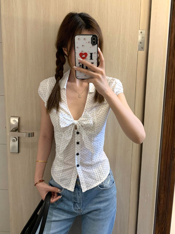法式温柔蝴蝶结波点短袖衬衫女夏季甜辣收腰气质显瘦修身衬衣上衣|undefined