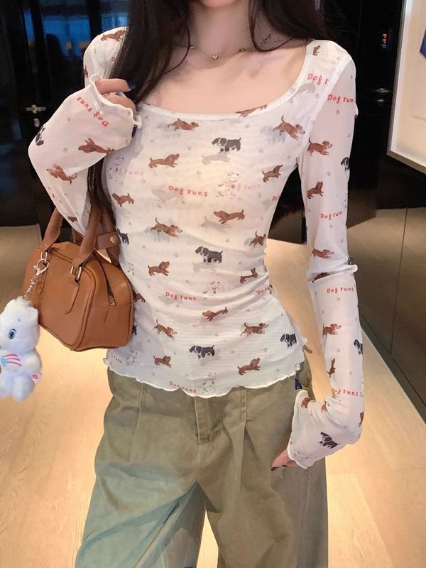 【网纱面料】早秋设计感修身显瘦独特美式辣妹小狗印花长袖T恤女|undefined