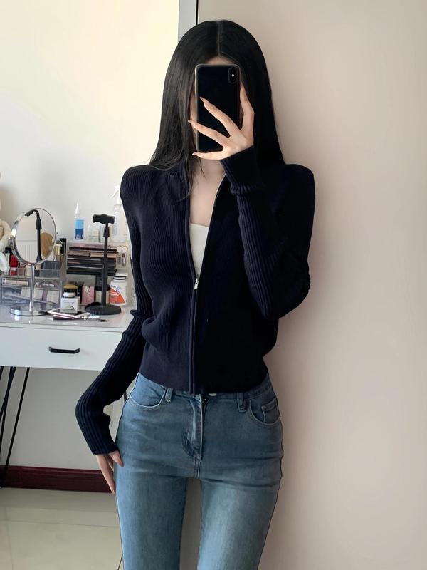 韩版软糯拉链针织衫女士秋冬新品内搭休闲学院风毛衣外套卫衣上衣|undefined