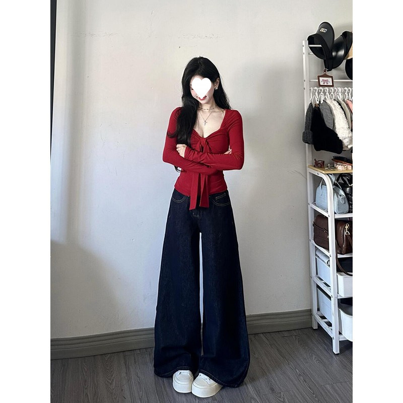 工厂批发纯欲辣妹红色蝴蝶结长袖T恤女设计感修身气质打底衫上|undefined