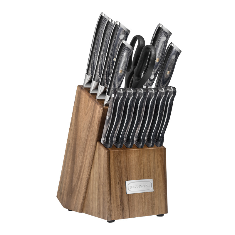 Cuchillos de cocina de exportación de acero inoxidable de doble caballo 15 piezas de asiento de cuchillo de madera acacia con afilador de cuchillo conjunto de cuchillos de comercio exterior