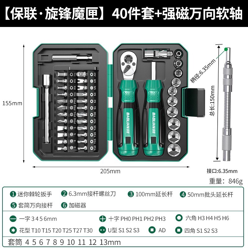 保联螺丝刀百变魔盒棘轮扳手套筒旋锋魔匣随车40件家用工具箱套装|undefined