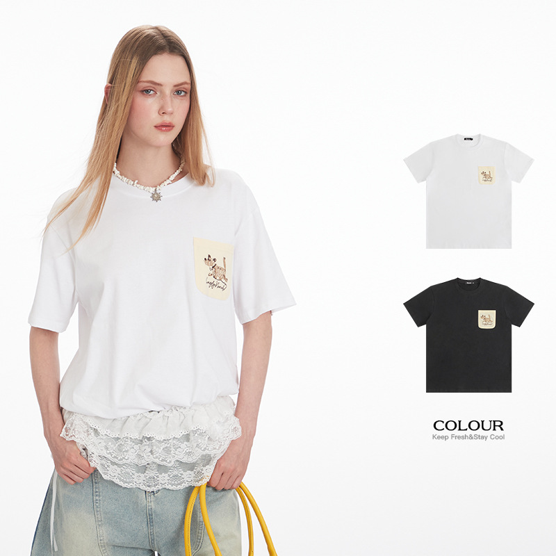 HeyHenry 남자 여름 체인 자수 디자인 티셔츠 남성과 여성의 짧은 소매 올 매치 캐주얼 루즈 탑 인