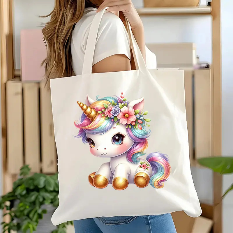 2025 Women's Canvas Bag Student Holiday Gift Cute Unicorn with Wings Flower Printed Hand Shopping Bag 2025 Women's Canvas Bag Student Holiday Gift Cute Unicorn with Wings Flower Printed Hand Shopping Bag