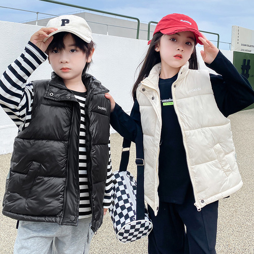  Winter Children's Thick Down Cotton Vests with Stand Collar for Boys and Girls, Spring and Autumn Outerwear, Kimono-style Backless Jacket