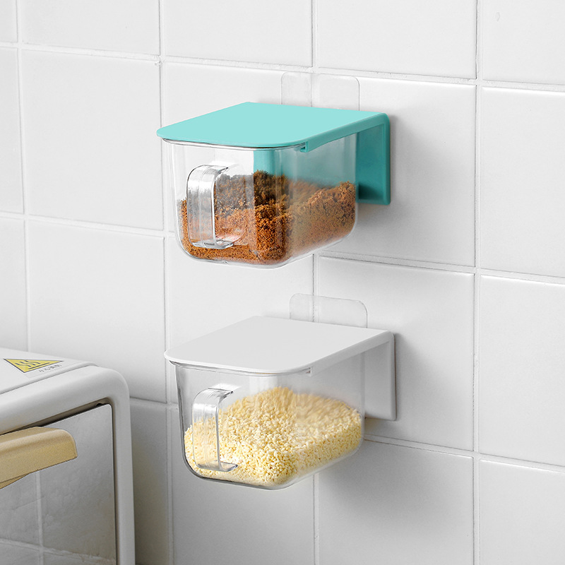 Caja de condimento de cocina doméstica frasco de sal montado en la pared caja de condimento sin ponche caja de condimento de especias de plástico caja de almacenamiento simple