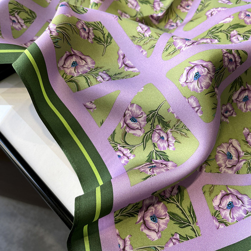 Spring and Autumn French Romantic Retro Purple Anemone Summer Silk Twill 70 Square Scarf for Professional Women