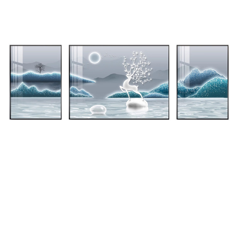 福鹿山水客厅装饰画轻奢高级感沙发背景墙抽象三联挂画高档壁画|undefined