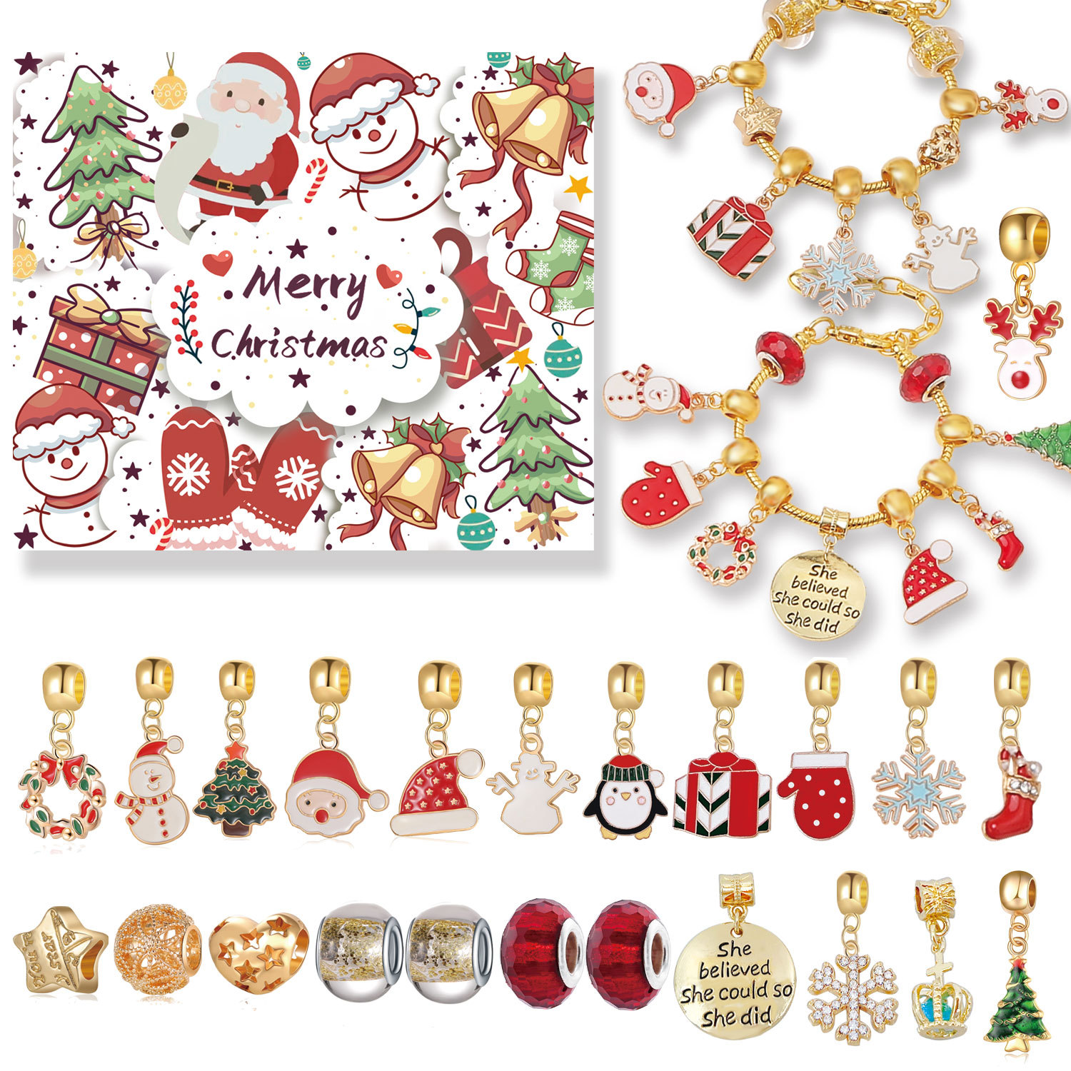 Gold Christmas Countdown Calendar Gift Box Set DIY Beaded Jewelry Advent Christmas Tree Bracelet Gift_voghion.com