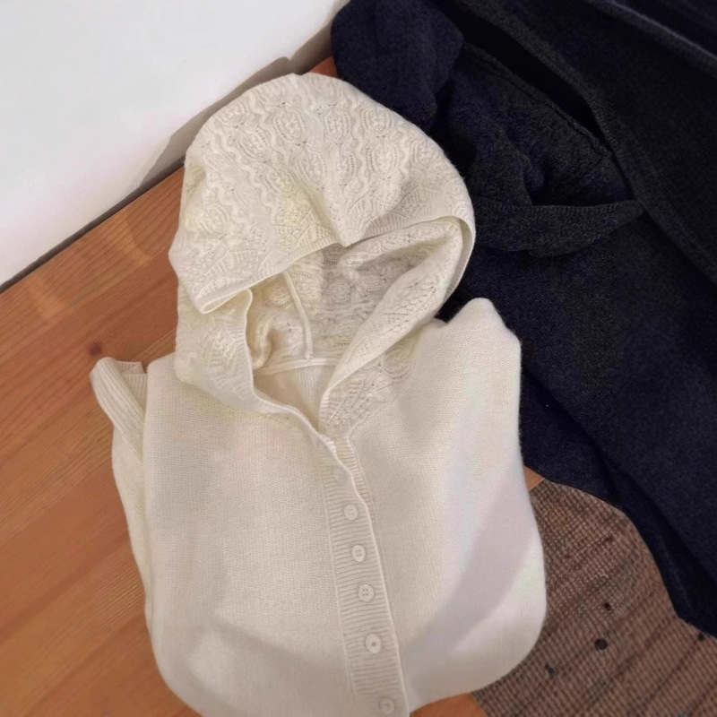 Base Sweater Top with Hooded Design New Autumn and Winter Loose Sheep Niche Wool Knitwear Women's Lazy Style White