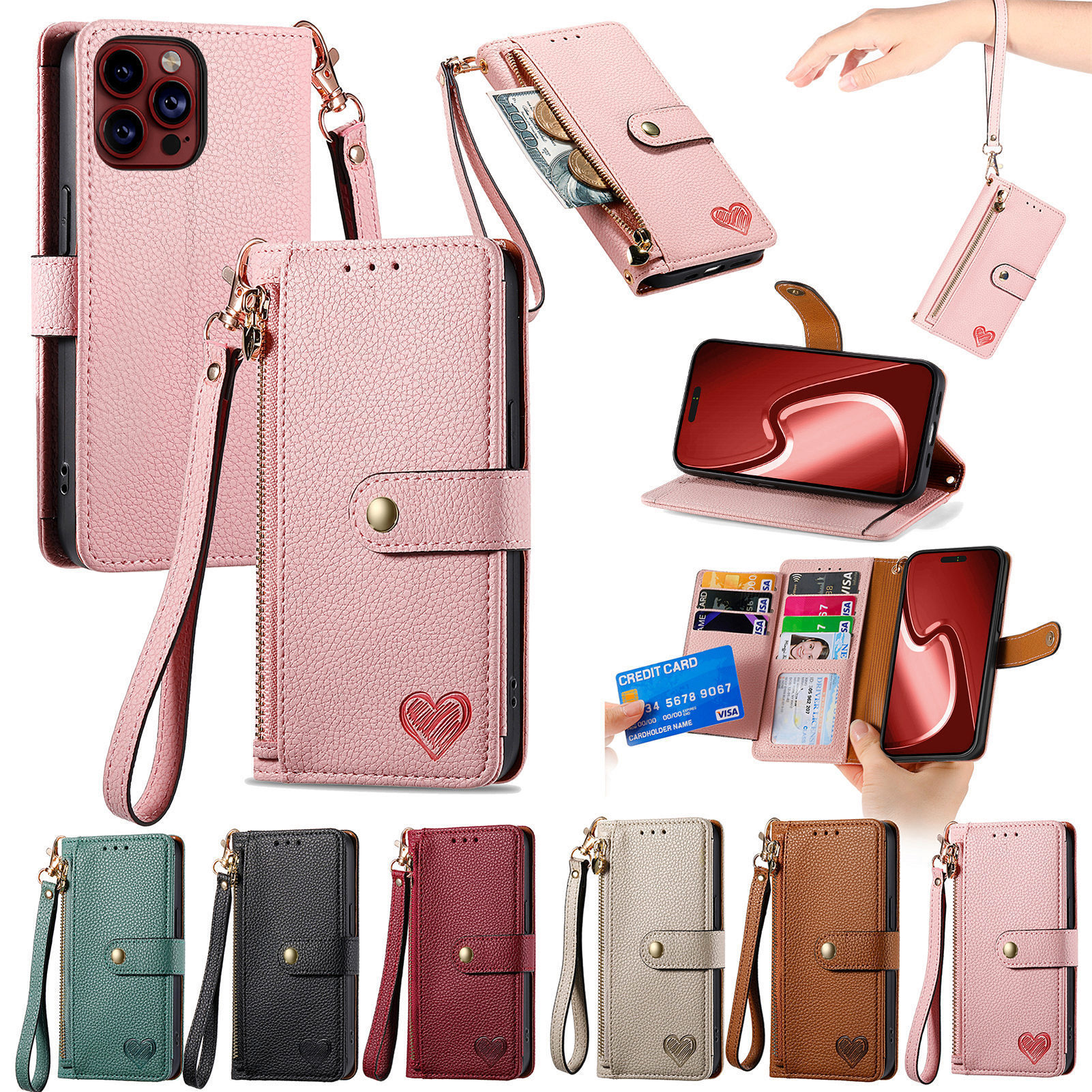 Explosive for iPhone16PRO Litchi Love Multi-card Zipper Samsung S24 Wallet Card Flip Leather Case