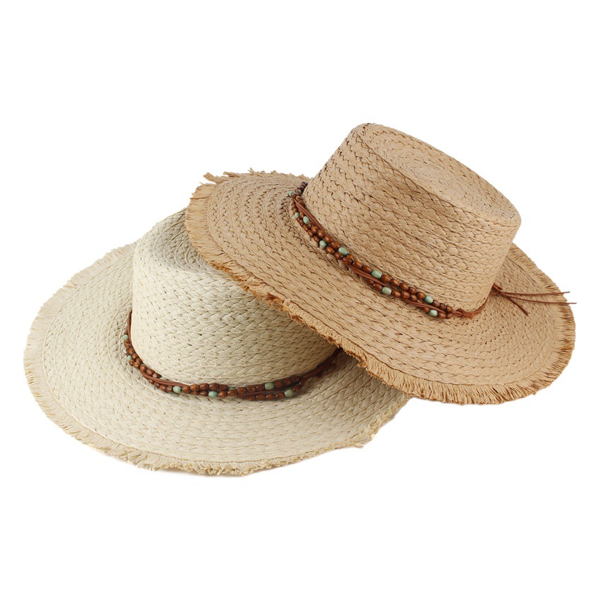 Nuevas mujeres estilo coreano estilo vacaciones playa viaje sombrero borla borde plano superior sombrero de paja ocio al aire libre sombrero para el sol