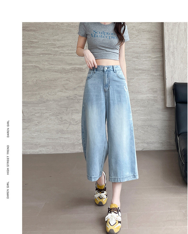 Quần jean nữ ống rộng cạp cao, dáng suông rách gối, chất vải denim mỏng mùa hè — Xanh nhạt 7 phút chi tiết 14