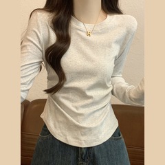 春秋薄款长袖t恤女修身收腰设计感小众小个子短款内搭打底衫上衣