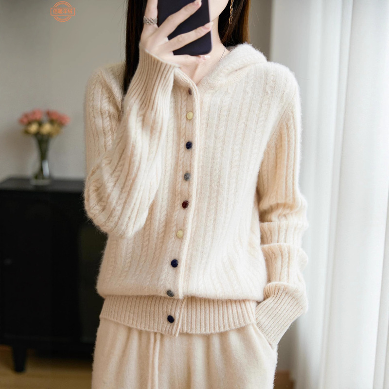 New Korean Style Women's Pure Wool Cardigan Autumn and Winter Thickened Lazy Style Hooded Sweatshirt Women's Color Button Cable Sweater