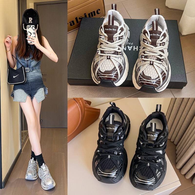 Real Soft Leather Thick-Soled Dad Shoes for Women 2025 Autum New Mesh Breathable Shoes for Small People to Increase Height Casual Sports Shoes