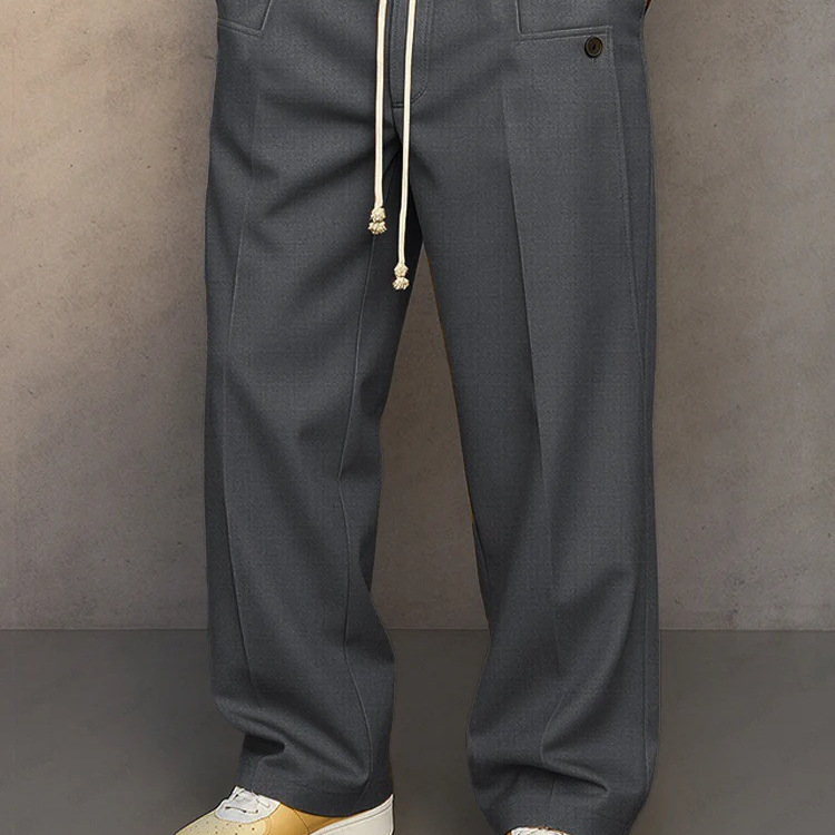 European and American Cross-Border 2026 Amazon Men's Solid Color Buttoned Comfortable Daily Straight-Leg Urban Style Drawstring Casual Pants
