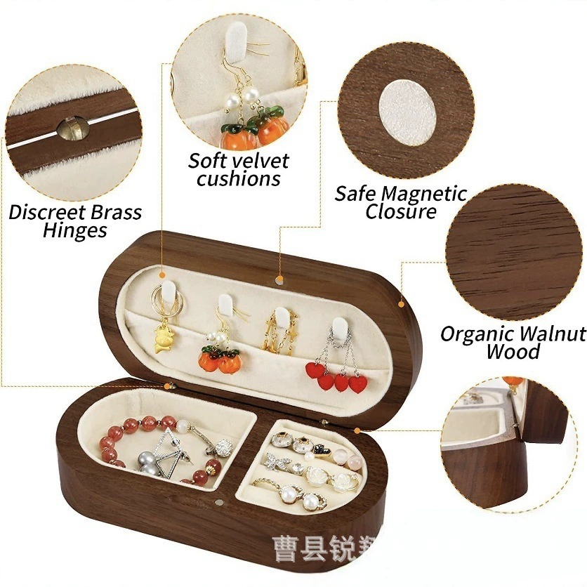Новая ретро-шкатулка для украшений с магнитной крышкой, маленькая портативная деревянная шкатулка для колец и ожерелий, цвет орех