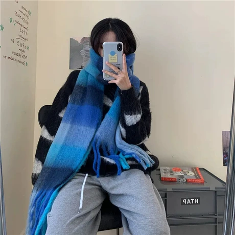 跨境AC同款格子围巾秋冬季拼色加厚保暖大披肩欧美马海毛流苏围巾
