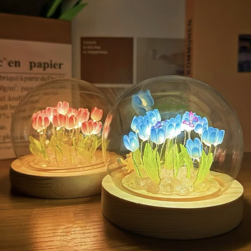 Glass Lampshade Tulip Night Light Handmade DIY Material Bouquet Table Lamp Birthday Atmosphere Light Modern Minimalist