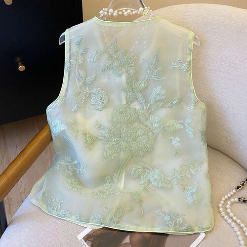 National style, new Chinese vest, embroidery, new style, shoulder-shouldered women's summer thin sleeveless retro organza vest, worn outside