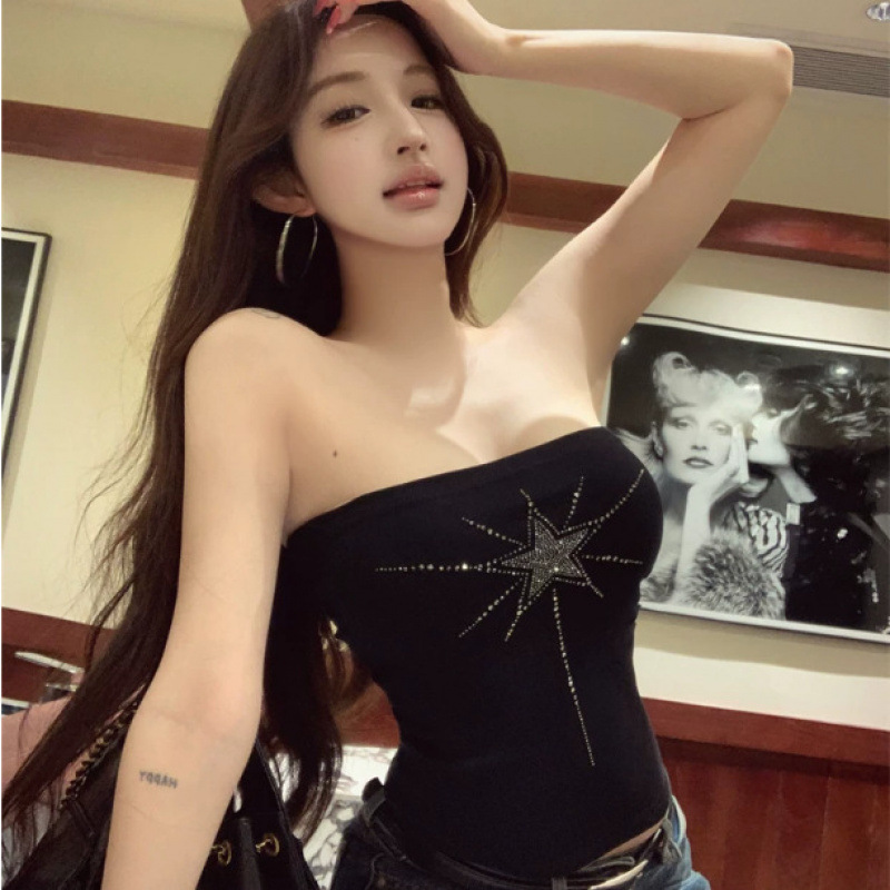 American-style sexy retro rhinestone-embellished tube top for women, summer outerwear, black slim-fit short top with a pure and alluring look