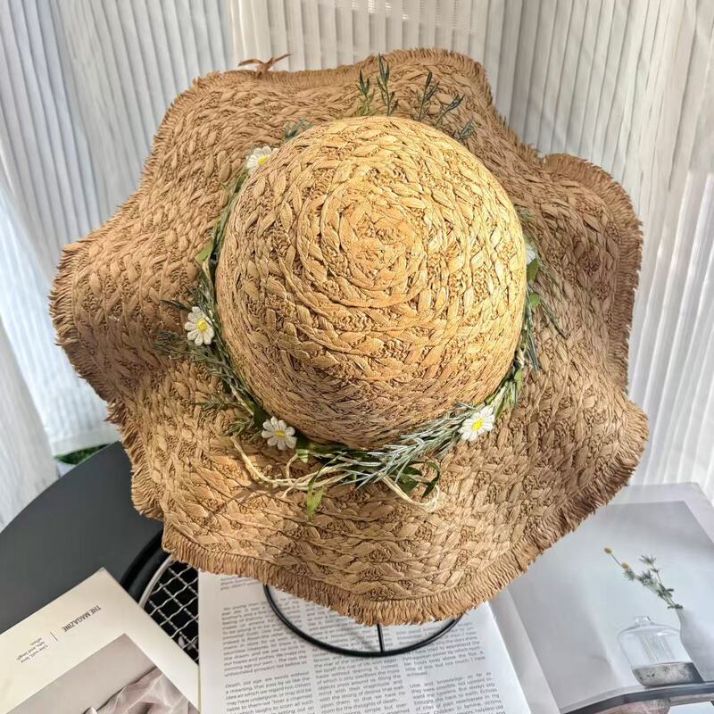 花环拉菲草帽手工编织菊花帽子女夏季出游度假百搭大檐防晒沙滩帽|undefined