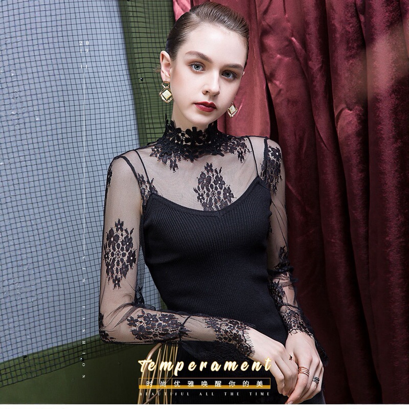 New French Lace See-Through Long-Sleeved Bottoming Shirt for Women, Slim Mesh Top, Versatile Bell-Sleeved Shirt with Thin Inner Layer