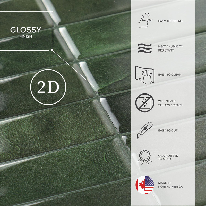 Vertical green self-adhesive tile stickers, waterproof and oil-proof wall stickers for kitchen and bathroom, removable eco-friendly backing paper for rental housing