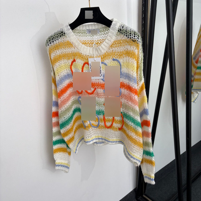 Nanyou High-End Women's New Model Sweater with 3D Logo Embroidery, Contrast Color Stripes, Hollow Design, Long Sleeves, Mohair Knitwear