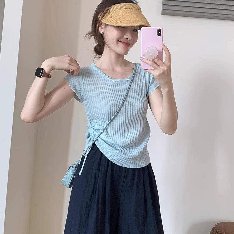 Корейский стиль, круглый вырез, ледяной шелк, вязаная футболка с короткими рукавами для женщин, летняя тонкая шикарная супер красивая маленькая футболка с летящими рукавами