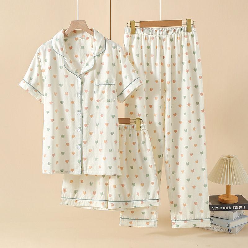Pajamas Women's Summer Thin Double-Layer Pure Cotton Yarn Lapel Love Home Clothes Short-Sleeved Trousers Shorts Cardigan Home Clothes Pajamas Women's Summer Thin Double-Layer Pure Cotton Yarn Lapel Love Home Clothes Short-Sleeved Trousers Shorts Cardigan Home Clothes