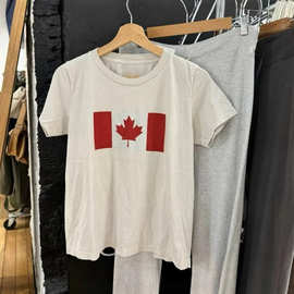 BM风 红色枫叶加拿大Canada国旗水泥白印花短袖T恤女圆领打底上衣