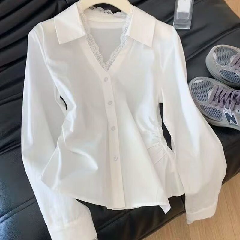 Plus-Size Elegant Lace-Trimmed White Shirt for Women, French Style Chic V-Neck Long-Sleeve Waist-Cinching Blouse Plus-Size Elegant Lace-Trimmed White Shirt for Women, French Style Chic V-Neck Long-Sleeve Waist-Cinching Blouse