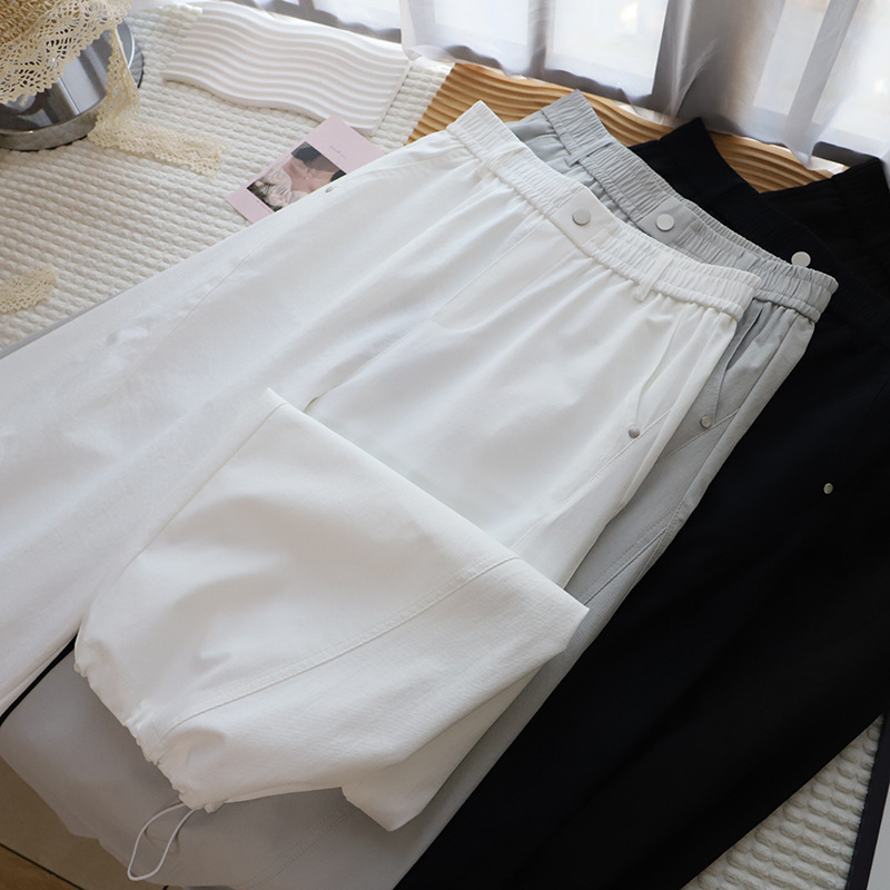 [Bizheng] 2026 Spring/Summer New Korean Style Women's Elastic Waist Casual Drawstring Cuffed Cargo Pants Long Pants 6074