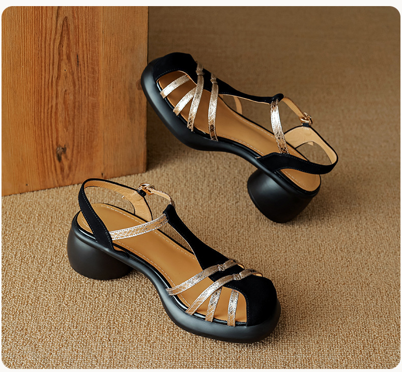 Sandal nữ da lộn quai mảnh dệt, mũi kín khóa chữ T, gót cao đế dày — Màu đen chi tiết 17