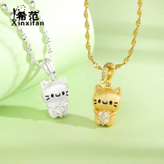 s925纯银拉丝铜钱猫咪项链女时尚轻奢可爱元气小猫锁骨链金店同款