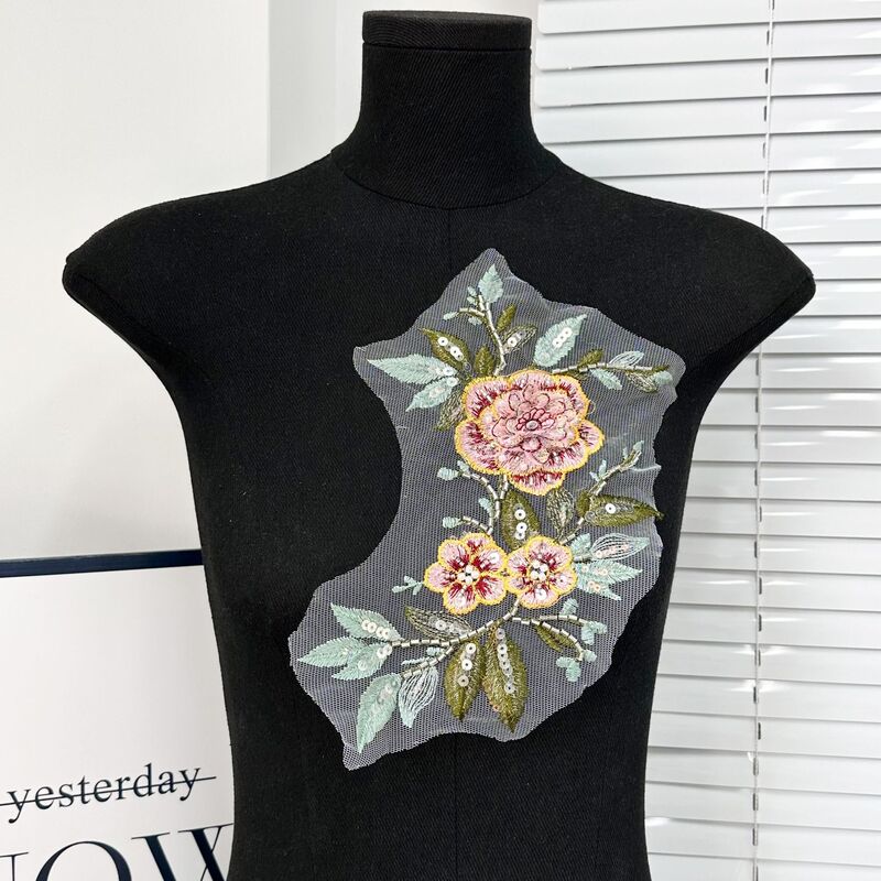 Exquisite 3D Sequin Bead Embroidery Floral Mesh Applique Clothing DIY Accessories Dress Neckline Chest Ornament Embroidery Patch