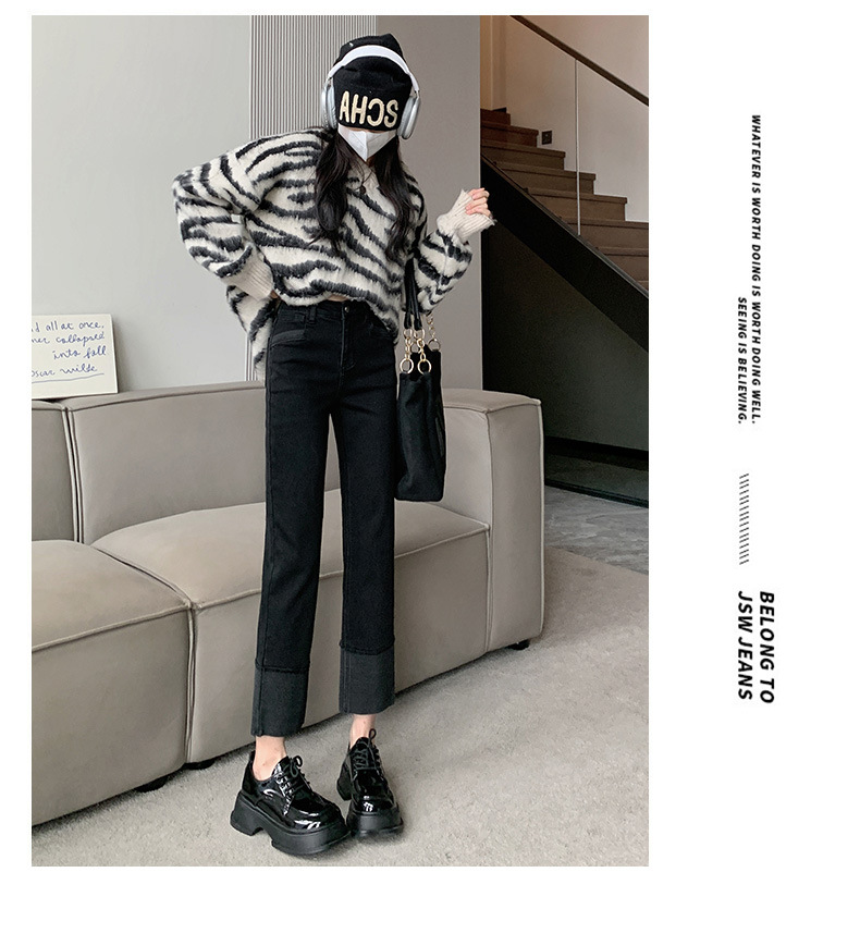 Rolled-up high-waisted straight-leg jeans for women in spring, Korean style, elastic and slimming, making you look petite. Trendy cigarette tube pants pic 15